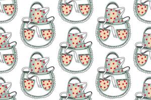 Seamless pattern with kitchen utensils. Cooking apron with lace and red polka dot pockets. All objects are hand-drawn in in blue, red and black. For fabric, paper, kitchen design vector