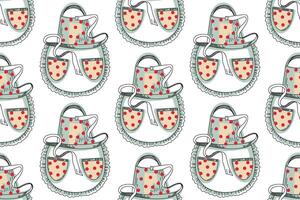 Seamless pattern with kitchen utensils. Cooking apron with lace and red polka dot pockets. All objects are hand-drawn in in blue, red and black. For fabric, paper, kitchen design vector