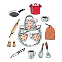 Set of illustrations of a red saucepan, a frying pan with a black handle, a polka dot apron, a measuring cup, a whisk, a knife, a cutting board, a salt shaker, a pepper mill, a rolling pin for dough vector