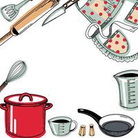 Frame with kitchen utensils. red saucepan, frying pan, polka dot apron, whisk, knife, salt shaker, pepper mill, cooking spatula, whisk. illustration. For kitchen, stove, design vector