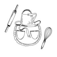 illustration. An apron for cooking, a rolling pin for dough, a whisk for whipping cream and dough. All objects are drawn in by hand. For printing on fabric, paper, towels, dishes vector