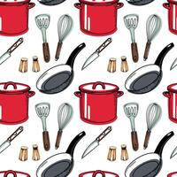 Seamless pattern with kitchen utensils. Red saucepan, frying pan with black handle, salt and pepper shaker, knife, whisk, spatula. Drawn in in black, red, brown. For kitchen, textiles, design vector