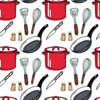 Seamless pattern with kitchen utensils. Red saucepan, frying pan with black handle, salt and pepper shaker, knife, whisk, spatula. Drawn in in black, red, brown. For kitchen, textiles, design vector