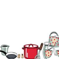 Kitchen composition with utensils. red saucepan, frying pan, polka dot apron, whisk, knife, salt shaker, pepper mill, cooking spatula, whisk. illustration. For kitchen, stove, design vector