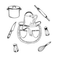 Illustration for the kitchen. Cooking apron, knife, rolling pin for dough, salt and pepper shaker, whisk for whipping. Objects are drawn in black in . For the kitchen, stove, design, dishes vector
