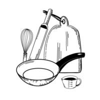 Kitchen composition. Wooden cutting board, cooking measuring cup, whisk, frying pan, rolling pin, all objects are drawn in in black. For printing on fabric, paper, stickers, design vector