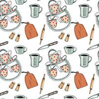 Seamless pattern. Polka dot apron, cutting board, salt and pepper shaker, kitchen knife, measuring cups. Drawn in in black, brown and red. For kitchen, textiles, design vector