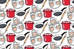 Cooking utensils. Seamless pattern of cooking apron, saucepan, rolling pin, frying pan with black handle. All objects are hand-drawn in in blue, red and black. For fabric, paper, kitchen design vector