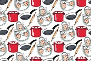 Cooking utensils. Seamless pattern of cooking apron, saucepan, rolling pin, frying pan with black handle. All objects are hand-drawn in in blue, red and black. For fabric, paper, kitchen design vector