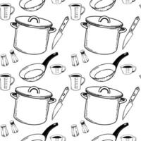 Seamless pattern with kitchen utensils. A saucepan, a frying pan with a black handle, salt and pepper shakers, a kitchen knife. All objects are drawn in black in . For kitchen, stove, design vector