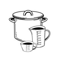 Composition of kitchen utensils. A saucepan, measuring cups for cooking, all objects are drawn in in black. Suitable for printing on fabric, paper, scrapbooking, stickers, design vector