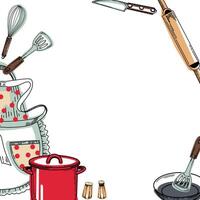 Frame with kitchen utensils. a red saucepan, a frying pan, a polka dot apron, a whisk, a knife, a salt shaker, a pepper mill, a cooking spatula. illustration. For kitchen, stove, design vector