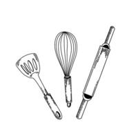 Kitchenware. Rolling pin for rolling out dough, whisk for whipping, spatula for cooking. All objects are drawn in in black. Suitable for printing on fabric, paper, towels, dishes vector