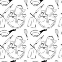 Kitchen pattern. An apron, a frying pan with a black handle, a rolling pin for dough, a whisk for whipping, a cutting board. Objects are drawn in black in . For kitchen, stove, design vector