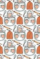 Seamless pattern with kitchen utensils. Cooking apron, rolling pin, cutting board, whisk. All objects are hand-drawn in colors of brown, red and black. For printing on fabric, paper, design vector
