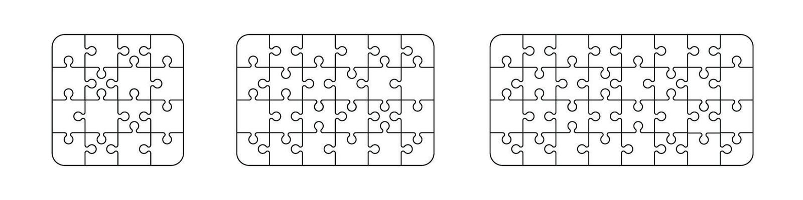 puzzle 16 ,24 and 32 pieces game template set. Jigsaw picture texture collection. Flat illustration isolated on white background.