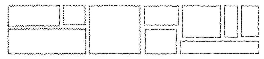 ondulado y guisado al gratén marco garabato líneas. contornos rectángulo y cuadrado con curvo fronteras plano ilustración aislado en blanco antecedentes. vector