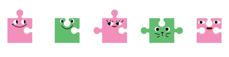 Cute puzzle character with abstract face, eyes and funny expression emoji. Flat illustration isolated on white background. vector