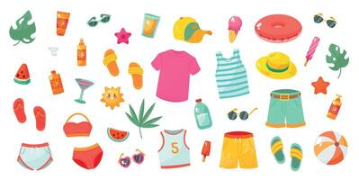 Set of summer vacation items isolated on white background. vector