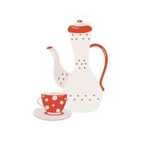 Beautiful white teapot with polka dot tea cup on white background. vector