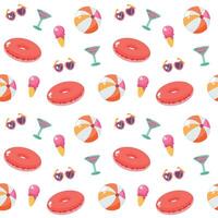 Summer seamless pattern with inflatable rings, ice cream and sunglasses. vector