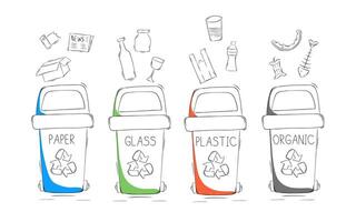 Sketch waste segregation. Sorting garbage by material and type in trash cans. Separating and recycling garbage vector