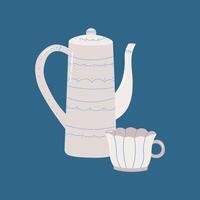 White beautiful teapot with patterns and white mug on blue background. vector