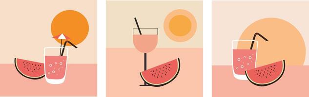 Abstract cocktail glasses with watermelon. Set of summer boho template vector