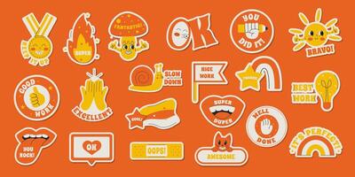 Set of Stickers Positive Saying Good job, nice work, super, bravo, well done. Illustration in Retro Groovy Style. vector