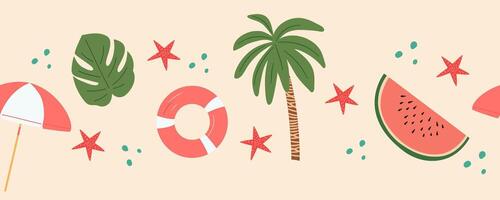Summer horizontal seamless border. Beach banner with palm, umbrella and rubber ring. vector