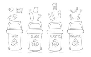 Sketch waste segregation. Sorting garbage by material and type in trash cans. Separating and recycling garbage vector