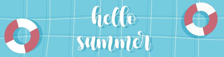 Hola verano bandera diseño. horizontal verano póster con nadando piscina y vistoso inflable anillos flotante en limpiar agua superficie. vector