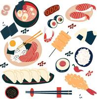 asiático cocina plato colocar. japonés y chino alimento. vector