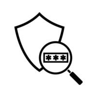 Shield with magnifying glass and password symbol, illustration of internet security system, privacy and protection, password hacking attempt vector