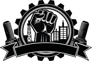 internacional labor día, mano aumento un negro y blanco logo. vector