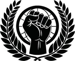 a black and white logo of a fist with a laurel wreath vector