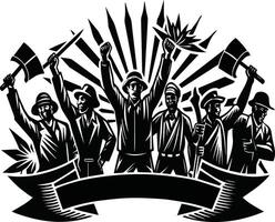 internacional labor día, un negro y blanco ilustración de un grupo de hombres participación hachas vector