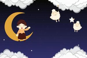 qurban a eid al-adha Mubarak con un chico sentado en el luna, estrellas, y oveja en el antecedentes. vector