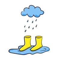 Yellow rain boots with cloud and puddle in hand-drawn style, concept about a rainy season. Isolated illustration for print, digital and more design vector