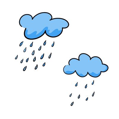 Clouds with raindrops in hand-drawn style, concept about a rainy season. Isolated illustration for print, digital and more design