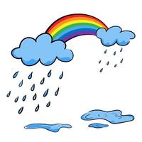 Rainbow with rain clouds and puddles in hand-drawn style, concept about a rainy season. Isolated illustration for print, digital and more design vector