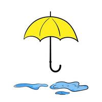 Yellow umbrella with puddles in hand-drawn style, concept about a rainy season. Isolated illustration for print, digital and more design vector