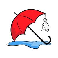 Red umbrella and japanese Teru Teru Bozu doll with puddle in hand-drawn style, concept about a rainy season. Isolated illustration for print, digital and more design vector