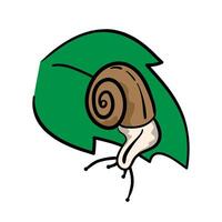 Snail crawling down on a green leaf in hand-drawn style, concept about a rainy season. Isolated illustration for print, digital and more design vector