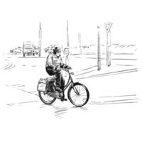 Drawing of a man is riding the bicycle in Berlin vector