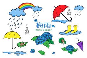 Set of illustration about a rainy season in hand-drawn style. Rainbow, clouds, raindrops, puddles, umbrellas, Teru Teru Bozu doll, blue hydrangea, yellow rain boots for print, digital and more design vector