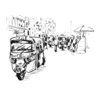 Drawing of Electric Auto Rickshaw on road at market in Delhi India vector