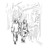 Sketch of two Muslim women walking at market vector