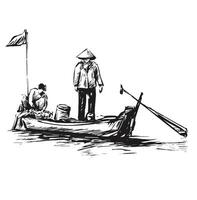 Drawing of the Vietnamese woman fishermen on the boat vector
