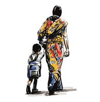 Drawing of Sari mom take a kid to school vector